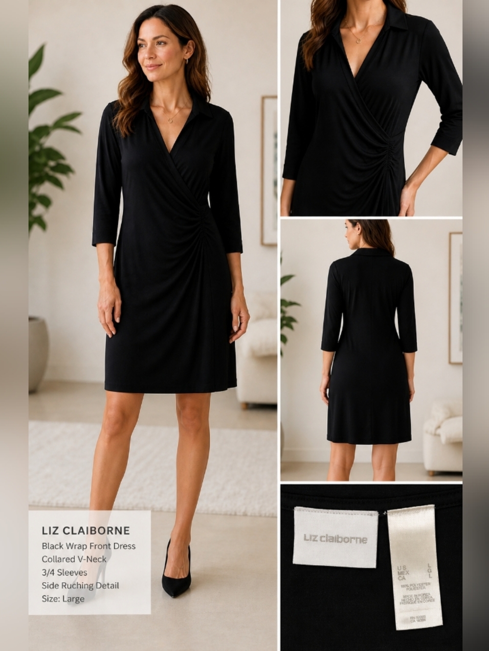 Liz Claiborne Black Wrap-Style Collared Midi Dress.  Size Large
